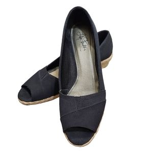 Life Stride Lioness Black Silk Wedge Heels Espadrille Sandals Shoes 10